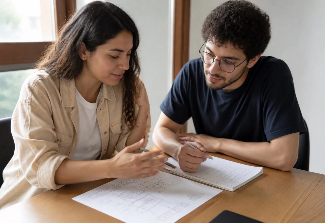 Colegas revendo no tablet as anotações do encontro anterior